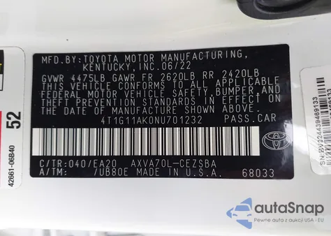 2022 Toyota Camry Se z USA, uszkodzony, nr VIN 4T1G11AK0NU701232